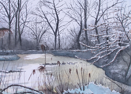 Wintertafereel. Aquarelle van Jaap de Jong. Copyright Jaap de Jong.