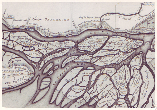 De Biesbosch, detail met boven een rand van de Alblasserwaard, gekleurde gravure, ongesigneerd, ongeveer 1730. Foto Cees van der Esch. Copyright GAD ill. 91