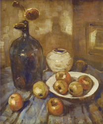 Stilleven, appels op wit bord met blauw kleed. Copyright Museum/Atelier Thomas van Heck