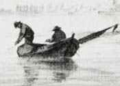 Detail van een oud schilderij waarop vissers in een drijverschuit zijn afgebeeld.